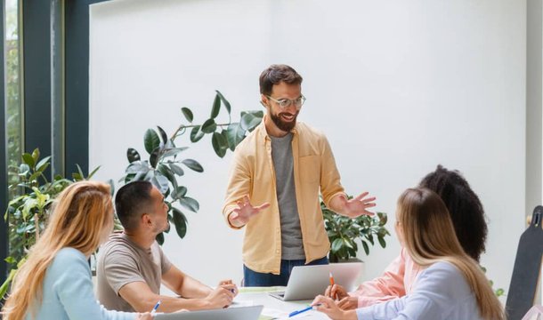 Team meeting in a bright modern workplace