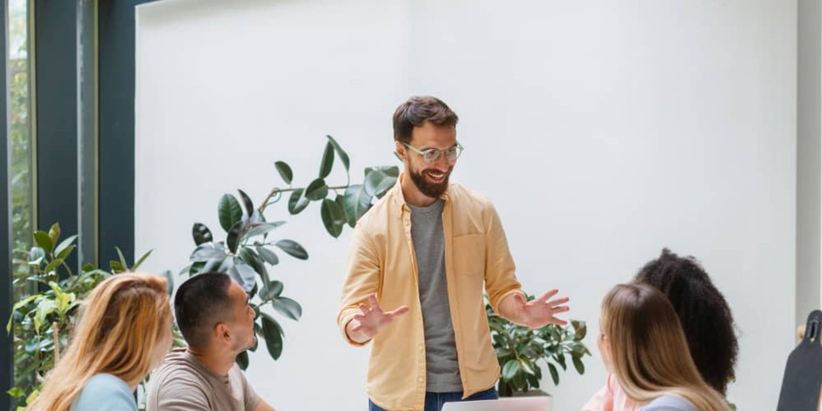 Team meeting in a bright modern workplace